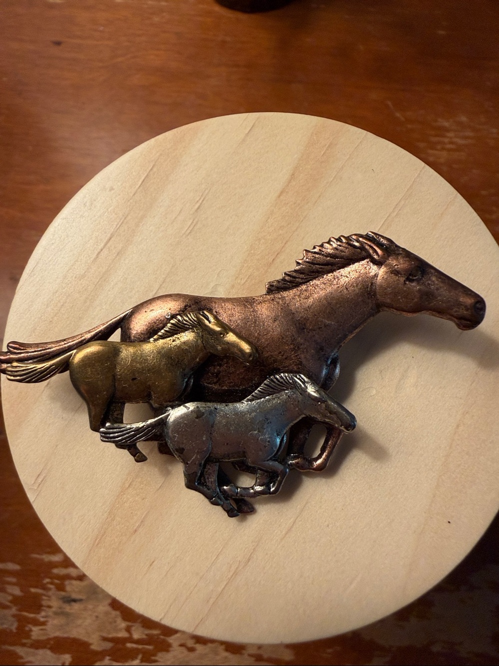 Decorative Metal Horse Trio Brooch Accent in Bronze, Gold, and Silver
